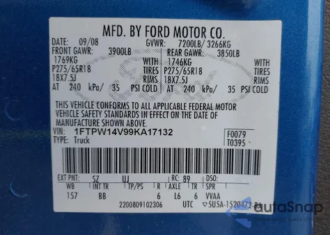 2009 Ford F-150 Fx4/King Ranch/Lariat/Platinum/Xl/Xlt z USA, uszkodzony, nr VIN 1FTPW14V99KA17132